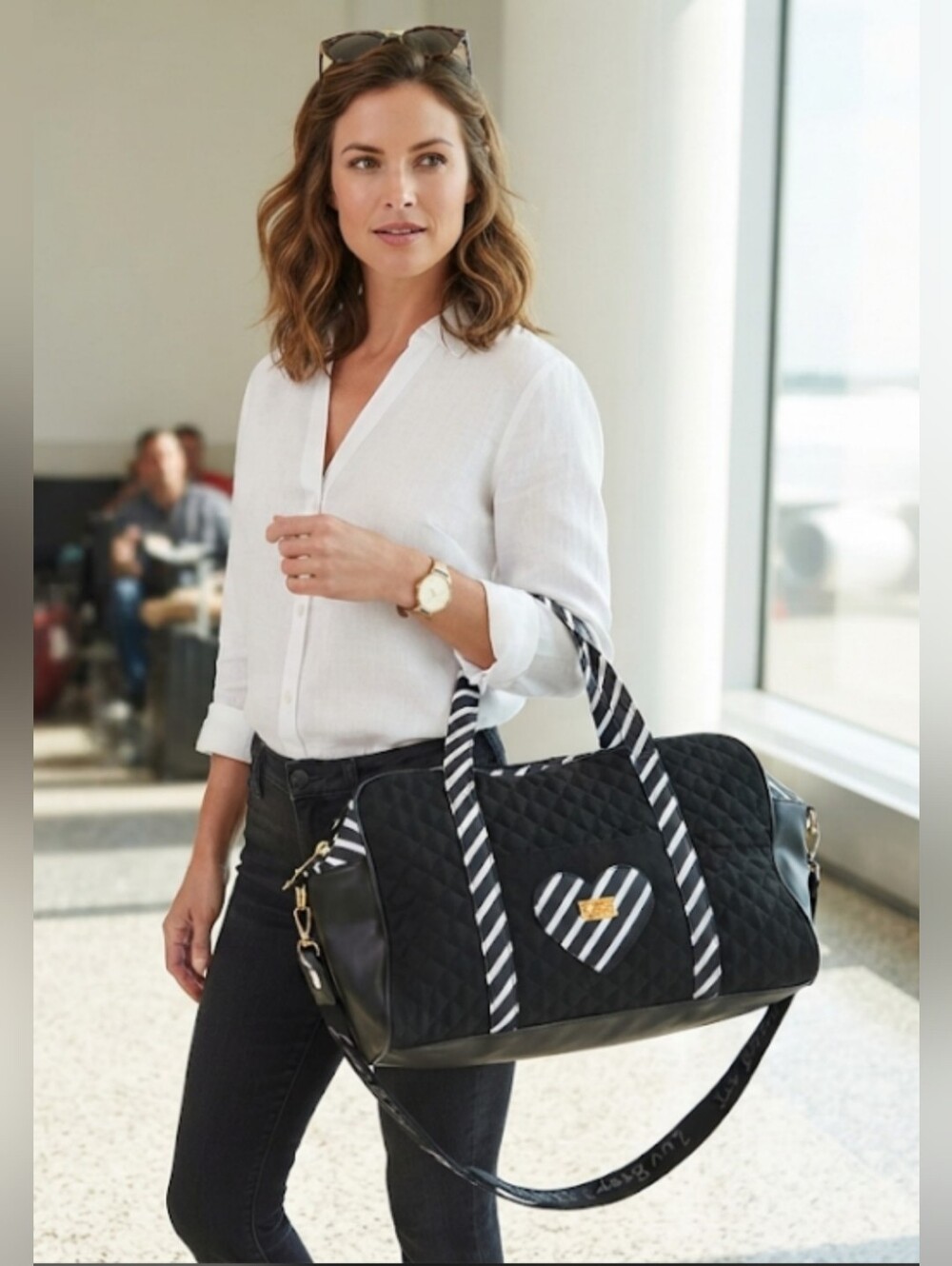 Betsy Johnson Quilted Black Weekender Bag with Heart Accent